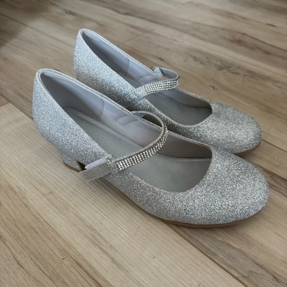 Silver sparkle & rhinestones short heels dress formal party shoes Size 6